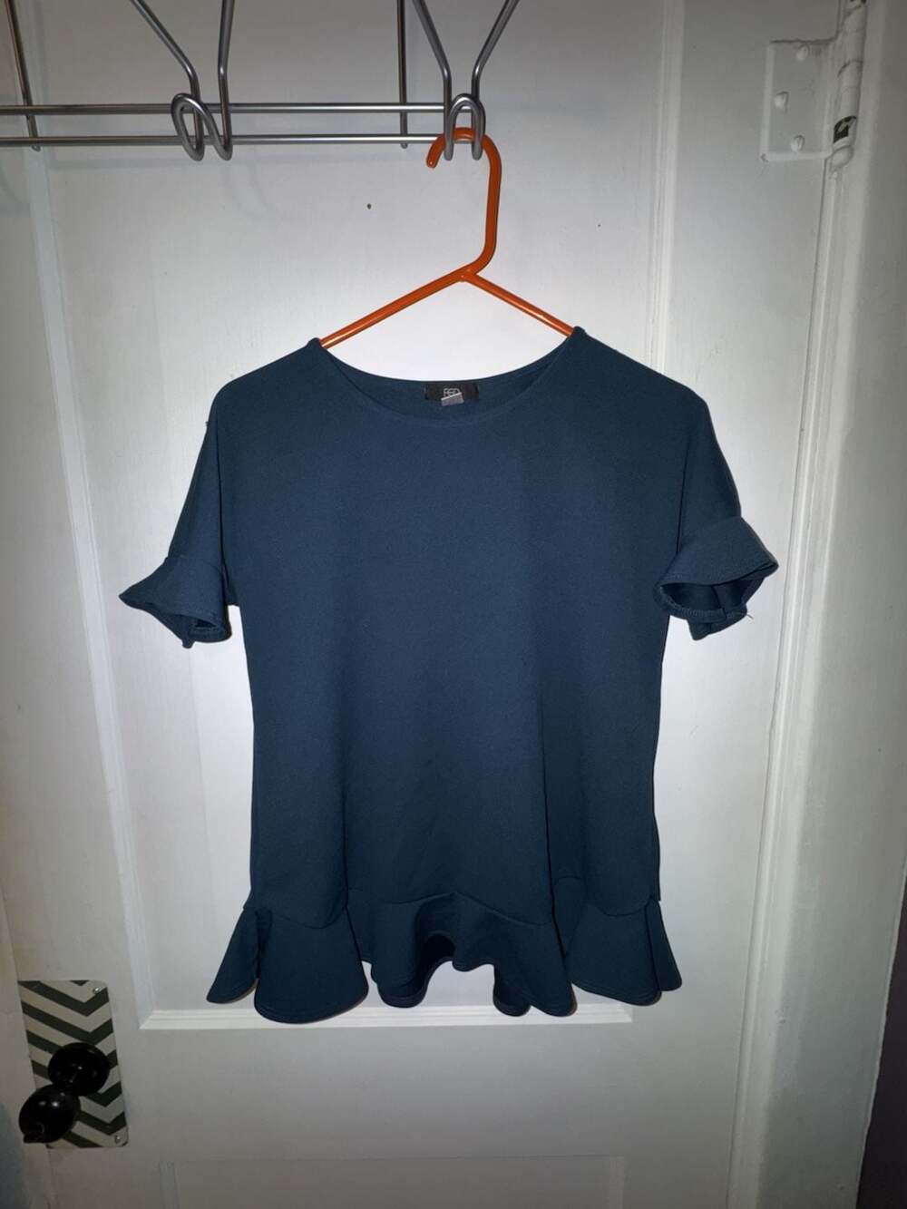FGD Women's Navy Blue Ruffle Sleeve and Hem Shirt